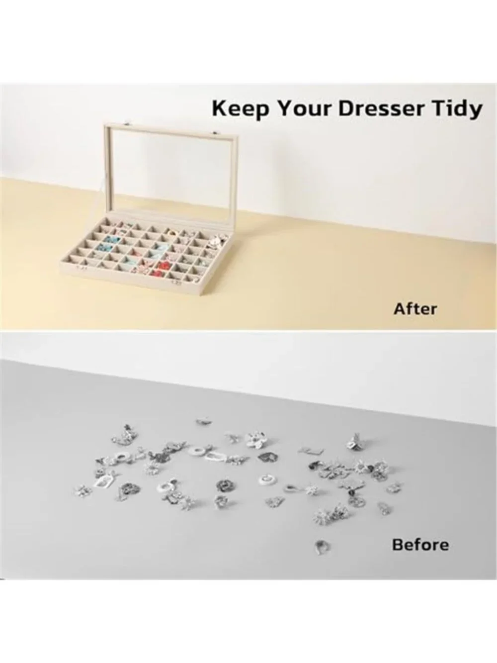 48 Grid Jewelry Organizer Tray Glass Lid Velvet Ring Earring Display Storage Box